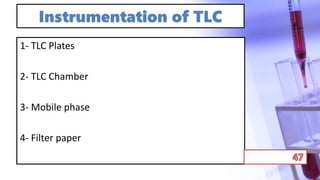 Instrumentation of TLC
1- TLC Plates
2- TLC Chamber
3- Mobile phase
4- Filter paper
 