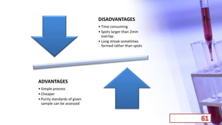 DISADVANTAGES
• Time consuming
• Spots larger than 2mm
overlap
• Long streak sometimes
formed rather than spots
ADVANTAGES
• Simple process
• Cheaper
• Purity standards of given
sample can be assessed
 
