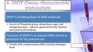 DNTP is building block of DNA molecule
• Consist of Phosphate group, deoxyribose sugar, and
nitrogenous base – adenine, guanine (Purine), thymine
and cytosine (Pyrimidine)
Function of DNTP is to expand DNA strand in
presence of Taq polymerase
• It binds with complementary DNA strand by Hydrogen
bond
 