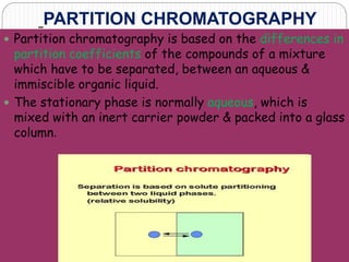 PARTITION CHROMATOGRAPHY
 Partition chromatography is based on the differences in
partition coefficients of the compounds of a mixture
which have to be separated, between an aqueous &
immiscible organic liquid.
 The stationary phase is normally aqueous, which is
mixed with an inert carrier powder & packed into a glass
column.
 