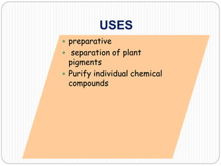 USES
 preparative
 separation of plant
pigments
 Purify individual chemical
compounds
 
