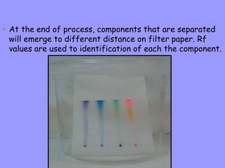  At the end of process, components that are separated
will emerge to different distance on filter paper. Rf
values are used to identification of each the component.
 