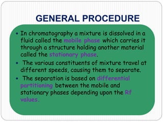 GENERAL PROCEDURE
 In chromatography a mixture is dissolved in a
fluid called the mobile phase which carries it
through a structure holding another material
called the stationary phase.
 The various constituents of mixture travel at
different speeds, causing them to separate.
 The separation is based on differential
partitioning between the mobile and
stationary phases depending upon the Rf
values.
 