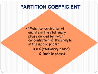 PARTITION COEFFICIENT
 “Molar concentration of
analyte in the stationary
phase divided by molar
concentration of the analyte
in the mobile phase”
K = C (stationary phase)
C (mobile phase)
 