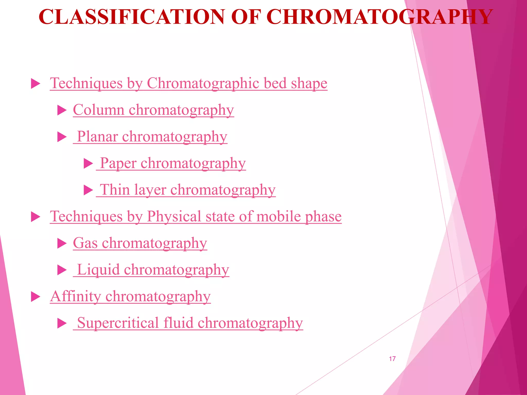 CLASSIFICATION OF CHROMATOGRAPHY
 Techniques by Chromatographic bed shape
 Column chromatography
 Planar chromatography
 Paper chromatography
 Thin layer chromatography
 Techniques by Physical state of mobile phase
 Gas chromatography
 Liquid chromatography
 Affinity chromatography
 Supercritical fluid chromatography
17
 