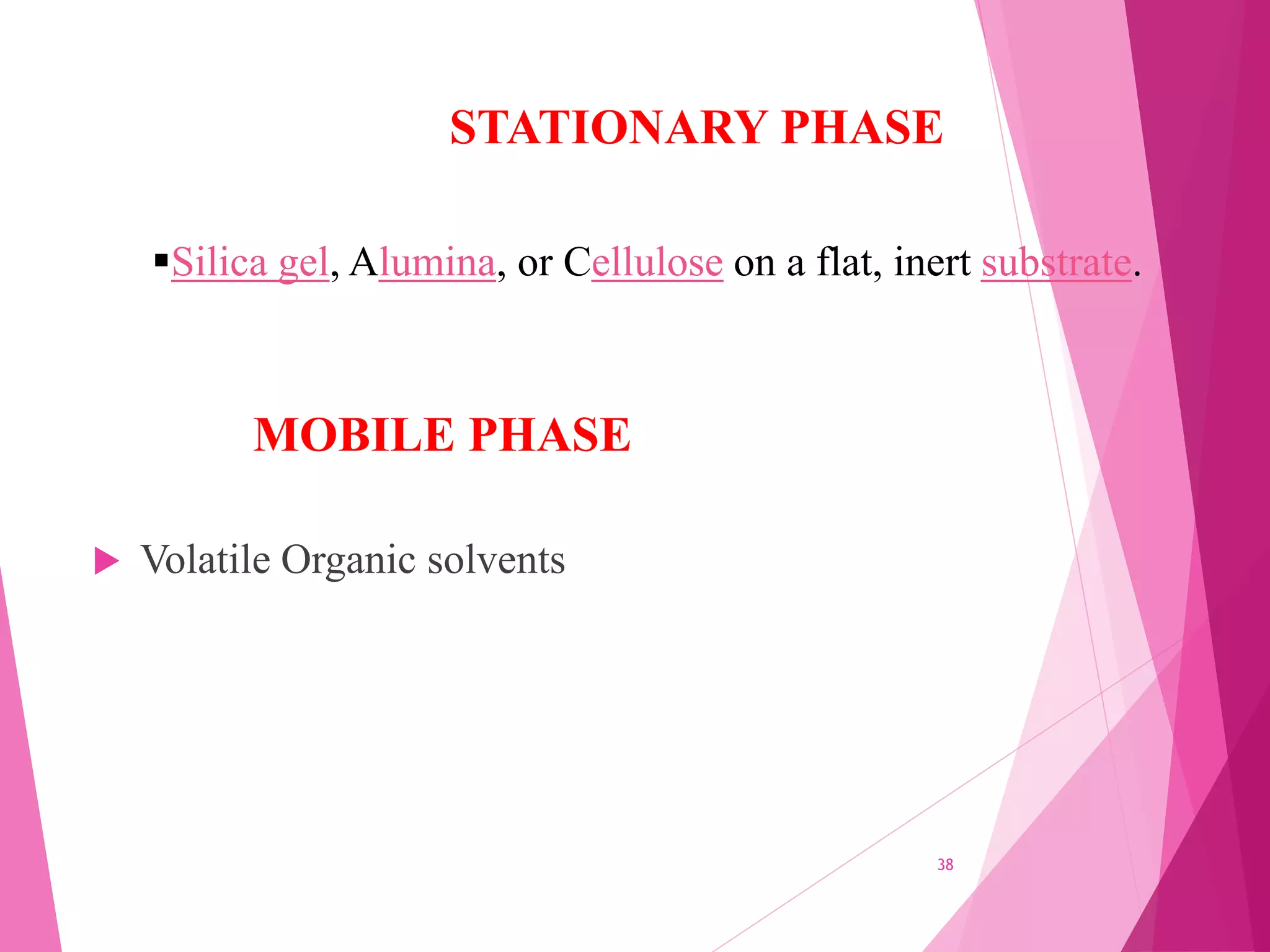 MOBILE PHASE
 Volatile Organic solvents
38
STATIONARY PHASE
Silica gel, Alumina, or Cellulose on a flat, inert substrate.
 
