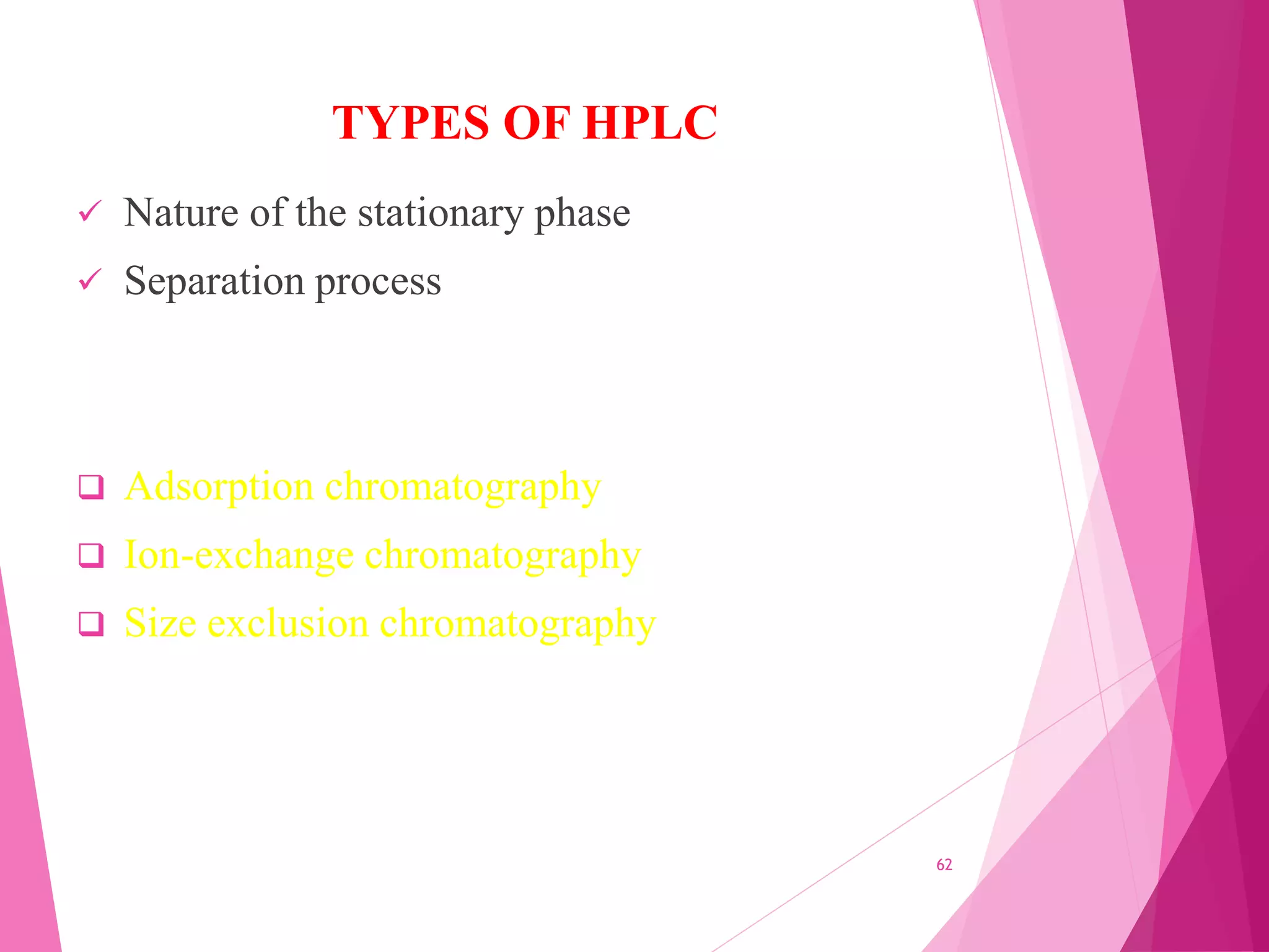 TYPES OF HPLC
 Nature of the stationary phase
 Separation process
 Adsorption chromatography
 Ion-exchange chromatography
 Size exclusion chromatography
62
 