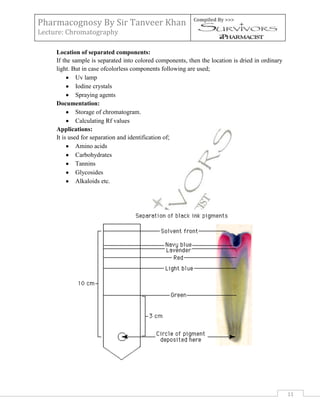 Pharmacognosy By Sir Tanveer Khan                          Compiled By >>>

Lecture: Chromatography

     Location of separated components:
     If the sample is separated into colored components, then the location is dried in ordinary
     light. But in case ofcolorless components following are used;
              Uv lamp
              Iodine crystals
              Spraying agents
     Documentation:
              Storage of chromatogram.
              Calculating Rf values
     Applications:
     It is used for separation and identification of;
              Amino acids
              Carbohydrates
              Tannins
              Glycosides
              Alkaloids etc.




                                                                                                  11
 