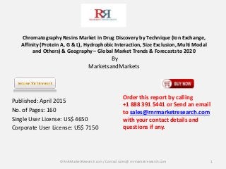 Chromatography Resins Market in Drug Discovery by Technique (Ion Exchange,
Affinity (Protein A, G & L), Hydrophobic Interaction, Size Exclusion, Multi Modal
and Others) & Geography – Global Market Trends & Forecasts to 2020
By
MarketsandMarkets
Published: April 2015
No. of Pages: 160
Single User License: US$ 4650
Corporate User License: US$ 7150
1
Order this report by calling
+1 888 391 5441 or Send an email
to sales@rnrmarketresearch.com
with your contact details and
questions if any.
© RnRMarketResearch com / Contact sales@ rnrmarketresearch.com
 