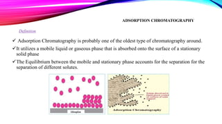 ADSORPTION CHROMATOGRAPHY
 Adsorption Chromatography is probably one of the oldest type of chromatography around.
It utilizes a mobile liquid or gaseous phase that is absorbed onto the surface of a stationary
solid phase
The Equilibrium between the mobile and stationary phase accounts for the separation for the
separation of different solutes.
Definition
 