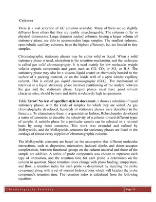 C h r o m a t o g r a p h y S u m m a r y
Ch
Page 15
Columns
There is a vast selection of GC columns available. Many of them are so slightly
different from others that they are readily interchangeable. The columns differ in
physical dimensions. Large diameter packed columns, having a larger volume of
stationary phase, are able to accommodate large samples. The smallest columns,
open tubular capillary columns, have the highest efficiency, but are limited to tiny
samples.
Chromatographic stationary phases may be either solid or liquid. When a solid
stationary phase is used, adsorption is the retention mechanism, and the technique
is called gas solid chromatography. It is used mainly for low molecular weight
volatile organic compounds and gases such as CO, CO2 or SO2 or H2S. The
stationary phase may also be a viscous liquid coated or chemically bonded to the
surface of a packing material, or on the inside wall of a open tubular capillary
column. This is called gas liquid chromatography (GLC). The mechanism of
retention in a liquid stationary phase involves partitioning of the analyte between
the gas and the stationary phase. Liquid phases must have good solvent
characteristics, should be inert and stable at relatively high temperatures.
Table Error! No text of specified style in document..1 shows a selection of liquid
stationary phases, with the kinds of samples for which they are suited. As gas
chromatography developed, hundreds of stationary phases were described in the
literature. To characterize these in a quantitative fashion, Rohrschneider developed
a series of constants to describe the selectivity of a column toward different types
of sample. A suitable phase for a particular sample can be selected on a rational
basis by using these constants. This work was extended and refined by
McReynolds, and the McReynolds constants for stationary phases are listed in the
catalogs of almost every supplier of chromatographic columns.
The McReynolds constants are based on the assumption that different molecular
interactions, such as dispersion, orientation, induced dipole, and donor-acceptor
complexation, between functional groups on the column material and those of the
sample are additive. A series of probe compounds was chosen to represent each
type of interaction, and the retention time for each probe is determined on the
column in question. Since retention times change with phase loading, temperature,
and flow, a retention index for each probe is determined by injecting the probe
compound along with a set of normal hydrocarbons which will bracket the probe
compound's retention time. The retention index is calculated from the following
equation:
 