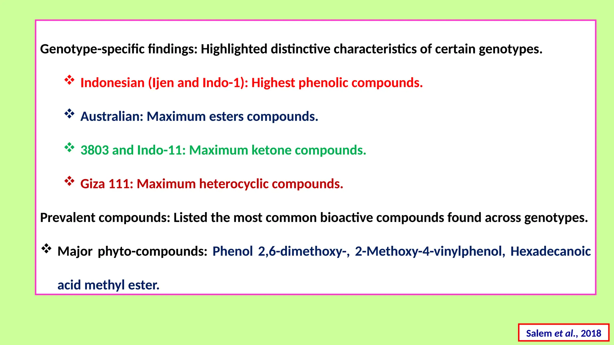 Salem et al., 2018
Genotype-specific findings: Highlighted distinctive characteristics of certain genotypes.
 Indonesian (Ijen and Indo-1): Highest phenolic compounds.
 Australian: Maximum esters compounds.
 3803 and Indo-11: Maximum ketone compounds.
 Giza 111: Maximum heterocyclic compounds.
Prevalent compounds: Listed the most common bioactive compounds found across genotypes.
 Major phyto-compounds: Phenol 2,6-dimethoxy-, 2-Methoxy-4-vinylphenol, Hexadecanoic
acid methyl ester.
 