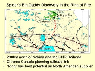 Spider’s Big Daddy Discovery in the Ring of Fire 280km north of Nakina and the CNR Railroad Chrome Canada planning railroad link “ Ring” has best potential as North American supplier Ring of Fire JV Chromite 