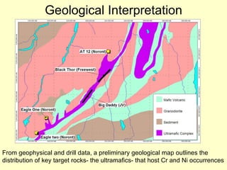 Geological Interpretation From geophysical and drill data, a preliminary geological map outlines the distribution of key target rocks- the ultramafics- that host Cr and Ni occurrences 