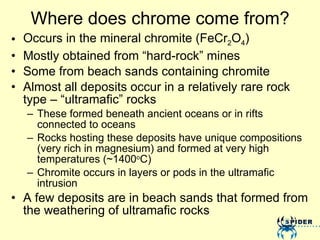 Where does chrome come from? Occurs in the mineral chromite (FeCr 2 O 4 ) Mostly obtained from “hard-rock” mines Some from beach sands containing chromite Almost all deposits occur in a relatively rare rock type – “ultramafic” rocks These formed beneath ancient oceans or in rifts connected to oceans  Rocks hosting these deposits have unique compositions (very rich in magnesium) and formed at very high temperatures (~1400 o C) Chromite occurs in layers or pods in the ultramafic intrusion A few deposits are in beach sands that formed from the weathering of ultramafic rocks 