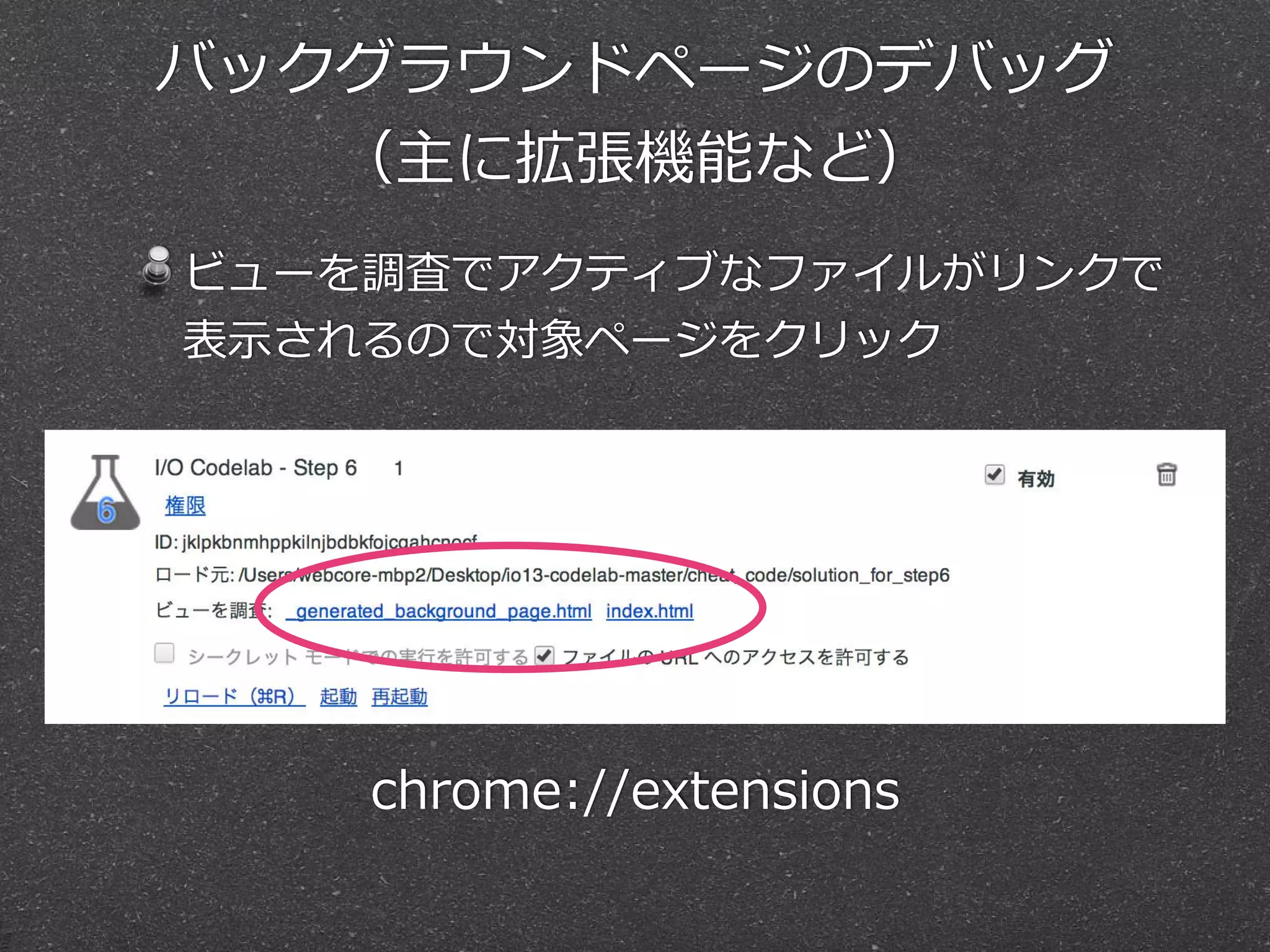 バックグラウンドページのデバッグ
（主に拡張機能など）
ビューを調査でアクティブなファイルがリンクで
表⽰示されるので対象ページをクリック
chrome://extensions
 