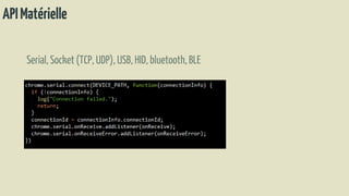 APIMatérielle
Serial, Socket(TCP, UDP), USB, HID, bluetooth,BLE
 