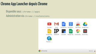 ChromeAppLauncherdepuisChrome
Disponible sous : chrome://apps
Administrationvia chrome://extensions
 