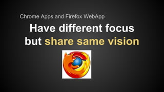 Chrome Apps and Firefox WebApp

Have different focus
but share same vision

 