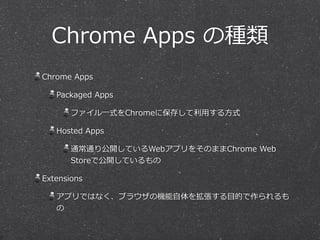 Chrome Apps の種類 
Chrome Apps 
Packaged Apps 
ファイル⼀一式をChromeに保存して利利⽤用する⽅方式 
Hosted Apps 
通常通り公開しているWebアプリをそのままChrome Web 
Storeで公開しているもの 
Extensions 
アプリではなく、ブラウザの機能⾃自体を拡張する⽬目的で作られるも 
の 
 