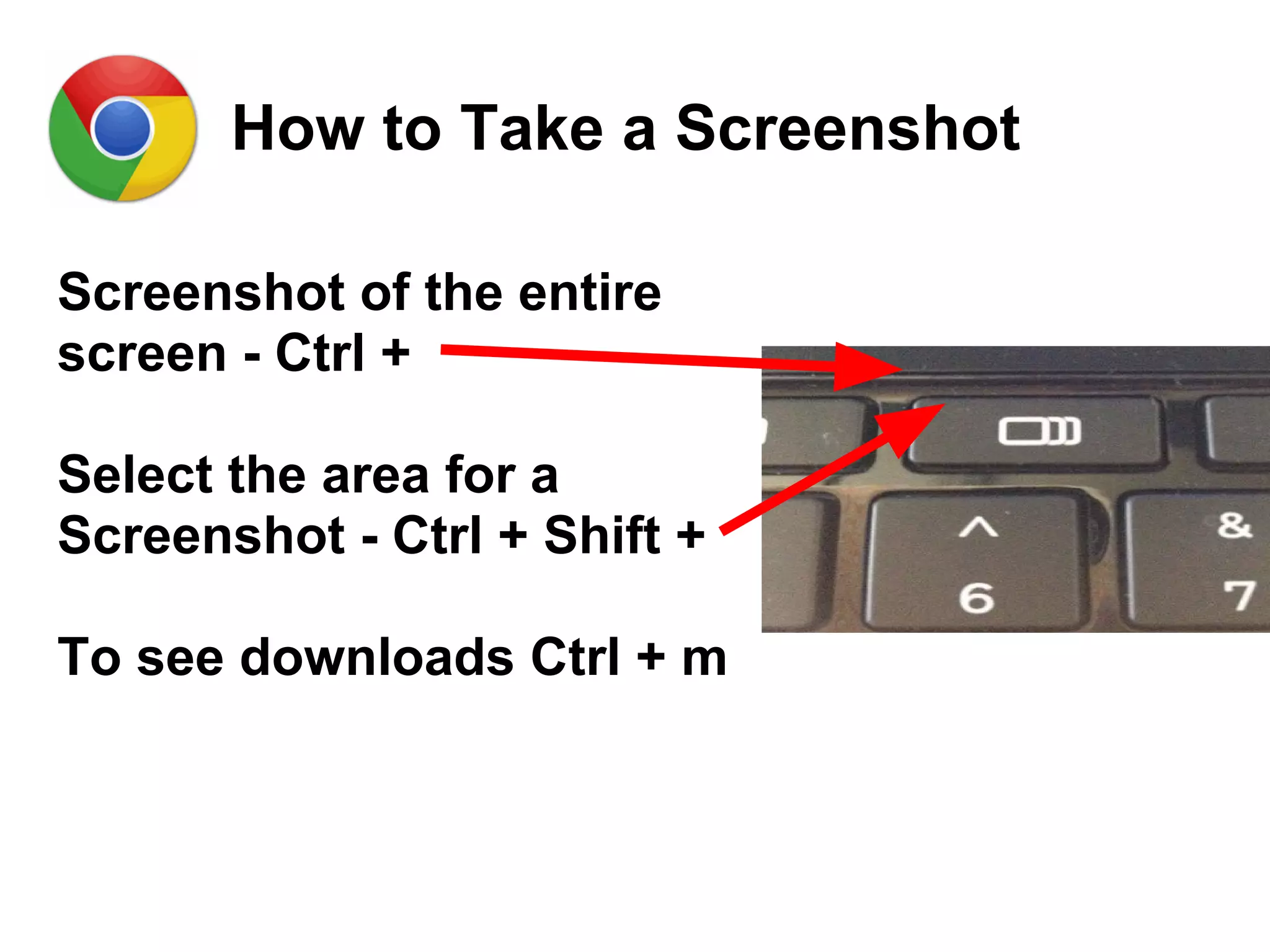 How to Take a Screenshot
Screenshot of the entire
screen - Ctrl +
Select the area for a
Screenshot - Ctrl + Shift +
To see downloads Ctrl + m
 