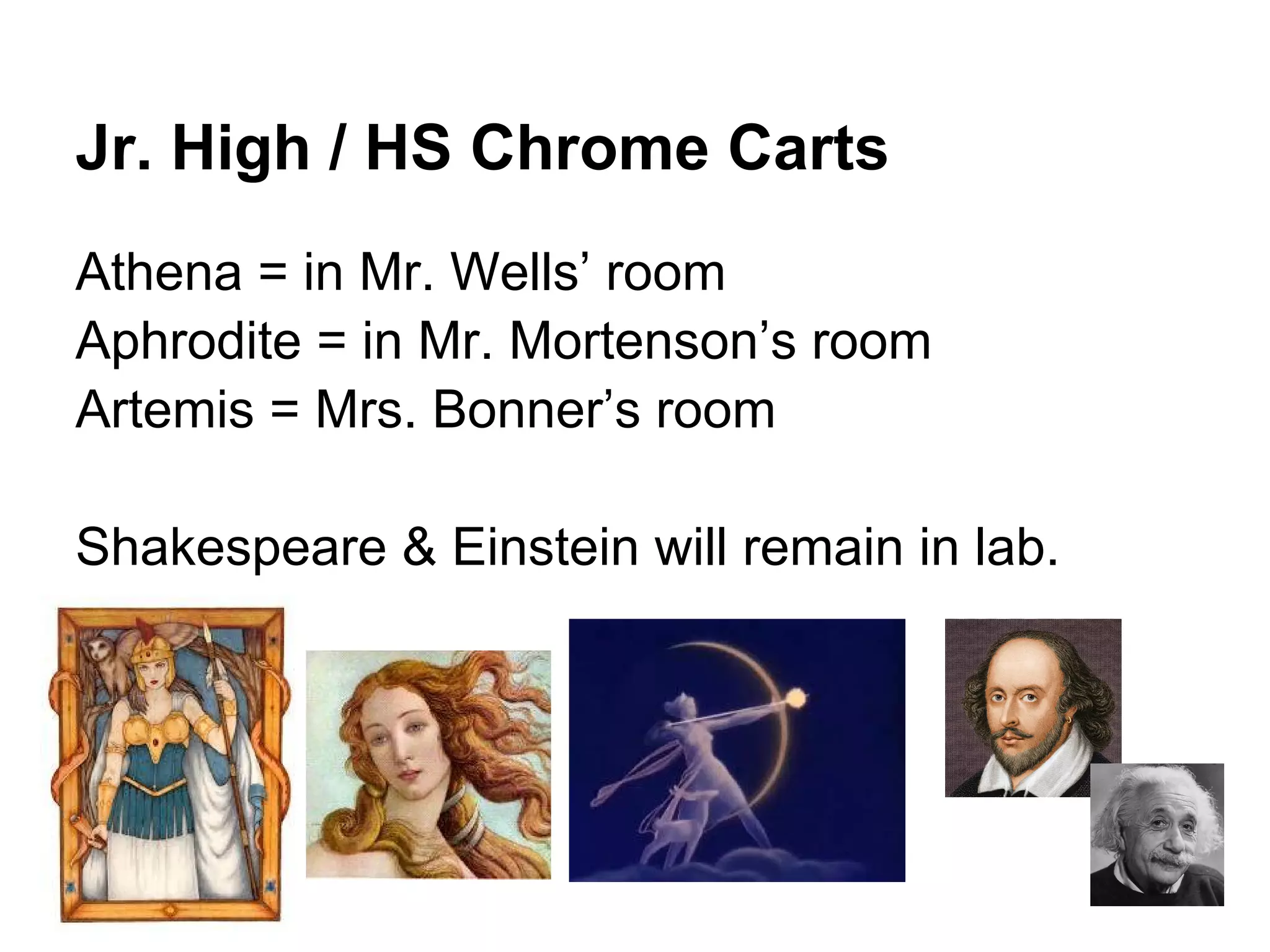 Jr. High / HS Chrome Carts
Athena = in Mr. Wells’ room
Aphrodite = in Mr. Mortenson’s room
Artemis = Mrs. Bonner’s room
Shakespeare & Einstein will remain in lab.
 