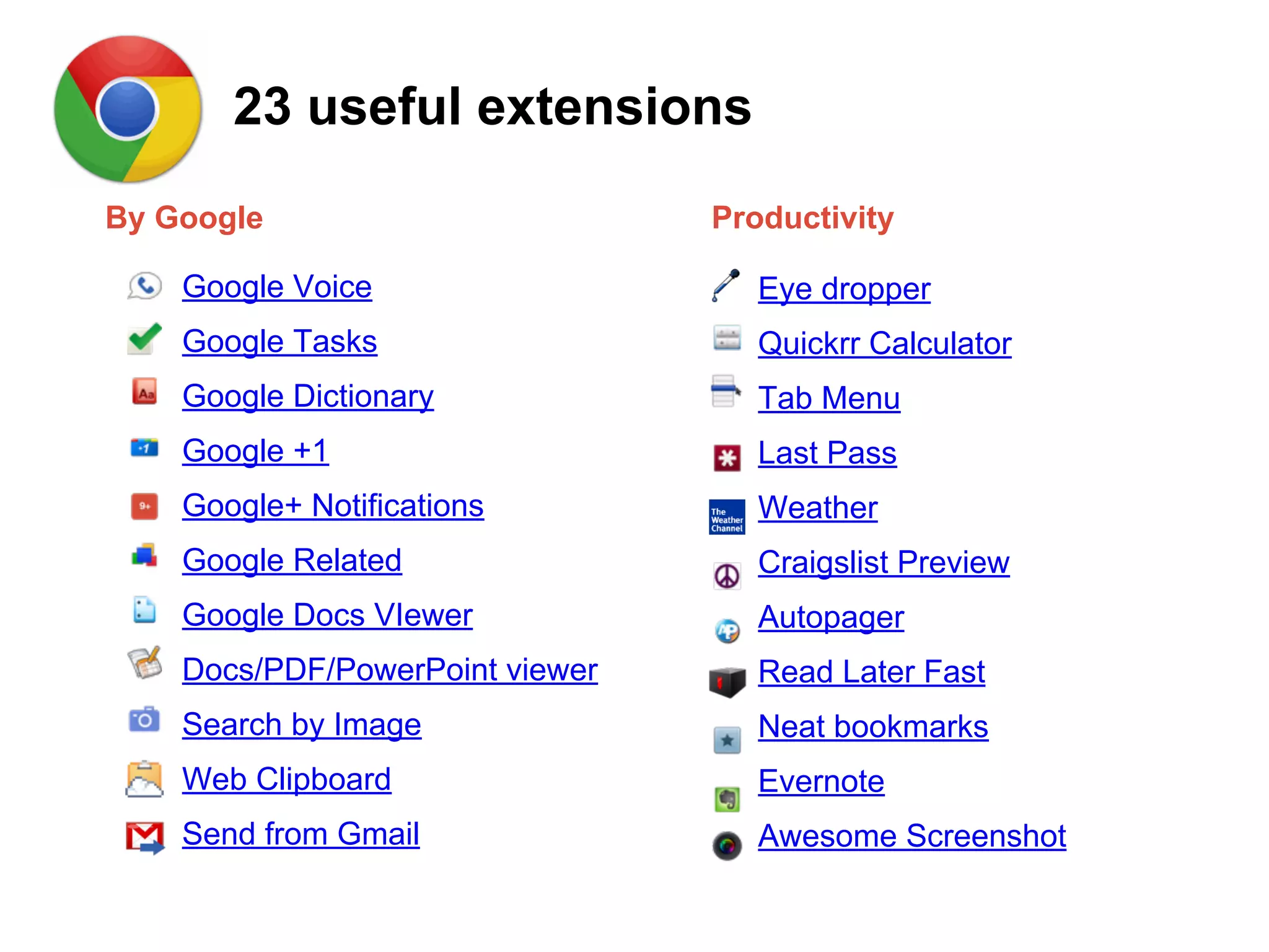 Google Voice
Google Tasks
Google Dictionary
Google +1
Google+ Notifications
Google Related
Google Docs VIewer
Docs/PDF/PowerPoint viewer
Search by Image
Web Clipboard
Send from Gmail
Eye dropper
Quickrr Calculator
Tab Menu
Last Pass
Weather
Craigslist Preview
Autopager
Read Later Fast
Neat bookmarks
Evernote
Awesome Screenshot
By Google Productivity
23 useful extensions
 
