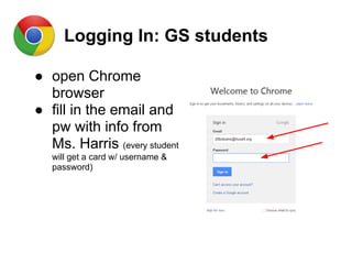 Logging In: GS students
● open Chrome
browser
● fill in the email and
pw with info from
Ms. Harris (every student
will get a card w/ username &
password)
 