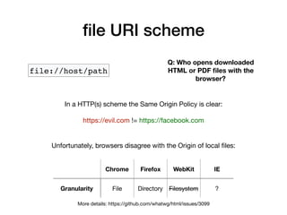 ﬁle URI scheme
file://host/path
Q: Who opens downloaded
HTML or PDF ﬁles with the
browser?
In a HTTP(s) scheme the Same Or...