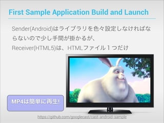 First Sample Application Build and Launch
Sender(Android)はライブラリを色々設定しなければな
らないので少し手間が掛かるが、
Receiver(HTML5)は、HTMLファイル１つだけ

MP4は簡単に再生!
https://github.com/googlecast/cast-android-sample

 