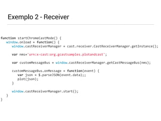 Exemplo 2 - Receiver 
function 
startChromeCastMode() 
{ 
window.onload 
= 
function() 
{ 
window.castReceiverManager 
= 
cast.receiver.CastReceiverManager.getInstance(); 
var 
nms='urn:x-­‐cast:org.gcastsamples.plotandcast'; 
var 
customMessageBus 
= 
window.castReceiverManager.getCastMessageBus(nms); 
customMessageBus.onMessage 
= 
function(event) 
{ 
var 
json 
= 
$.parseJSON(event.data);; 
plot(json); 
} 
window.castReceiverManager.start(); 
} 
} 
 