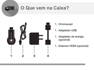 Confidencial e reservado ao Google
O Que vem na Caixa?
1. Chromecast
1. Adaptador USB
1. Adaptador de energia
(opcional)
1. Extensor HDMI (opcional)
 