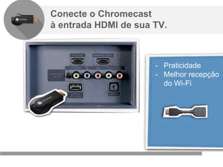 Confidencial e reservado ao Google
Conecte o Chromecast
à entrada HDMI de sua TV.
- Praticidade
- Melhor recepção
do Wi-Fi.
 
