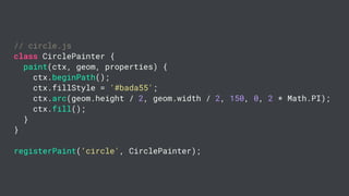 // circle.js
class CirclePainter {
paint(ctx, geom, properties) {
ctx.beginPath();
ctx.fillStyle = '#bada55';
ctx.arc(geom.height / 2, geom.width / 2, 150, 0, 2 * Math.PI);
ctx.fill();
}
}
registerPaint(‘circle', CirclePainter);
 