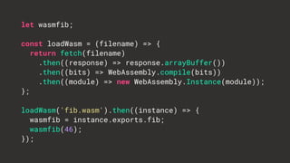 let wasmfib;
const loadWasm = (filename) => {
return fetch(filename)
.then((response) => response.arrayBuffer())
.then((bits) => WebAssembly.compile(bits))
.then((module) => new WebAssembly.Instance(module));
};
loadWasm('fib.wasm').then((instance) => {
wasmfib = instance.exports.fib;
wasmfib(46);
});
 