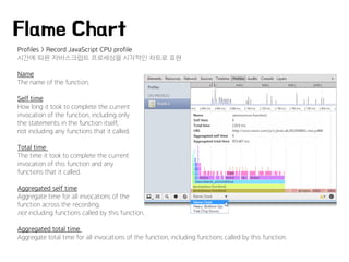 Profiles > Record JavaScript CPU profile
시간에 따른 자바스크립트 프로세싱을 시각적인 차트로 표현
Name
The name of the function.
Self time
How long it took to complete the current
invocation of the function, including only
the statements in the function itself,
not including any functions that it called.
Total time
The time it took to complete the current
invocation of this function and any
functions that it called.
Aggregated self time
Aggregate time for all invocations of the
function across the recording,
not including functions called by this function.
Aggregated total time
Aggregate total time for all invocations of the function, including functions called by this function.
Flame Chart
 