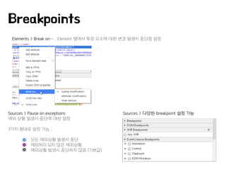Elements > Break on… : Element 탭에서 특정 요소에 대한 변경 발생시 중단점 설정
Breakpoints
Sources > Pause on exceptions
예외 상황 발생시 중단에 대한 설정
3가지 형태로 설정 가능 :
모든 예외상황 발생시 중단
예외처리 되지 않은 예외상황
예외상황 발생시 중단하지 않음 (기본값)
Sources > 다양한 breakpoint 설정 가능
 
