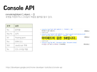 포맷 설명
%s 문자열
%d, %i 숫자
%f Floating point
%o DOM 요소
%O JavaScript 객체
%c CSS 스타일 적용
https://developers.google.com/chrome-developer-tools/docs/console-api
Console API
console.log(object [, object, … ])
포맷을 지정하거나 스타일이 적용된 출력을 할수 있다.
 