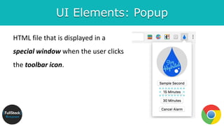 UI Elements: Popup
HTML file that is displayed in a
special window when the user clicks
the toolbar icon.
 