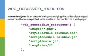 In manifest.json is an array of strings specifying the paths of packaged
resources that are expected to be usable in the context of a web page.
web_accessible_recourses
 