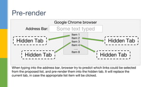 Pre-render
Google Chrome browser
Some text typed
Item 1
Item 2
Item 3
Item 4
….
Item 8
Hidden Tab
When typing into the address bar, browser try to predict which links could be selected
from the proposed list, and pre-render them into the hidden tab. It will replace the
current tab, in case the appropriate list item will be clicked.
Hidden Tab Hidden Tab
Hidden Tab
Address Bar:
 