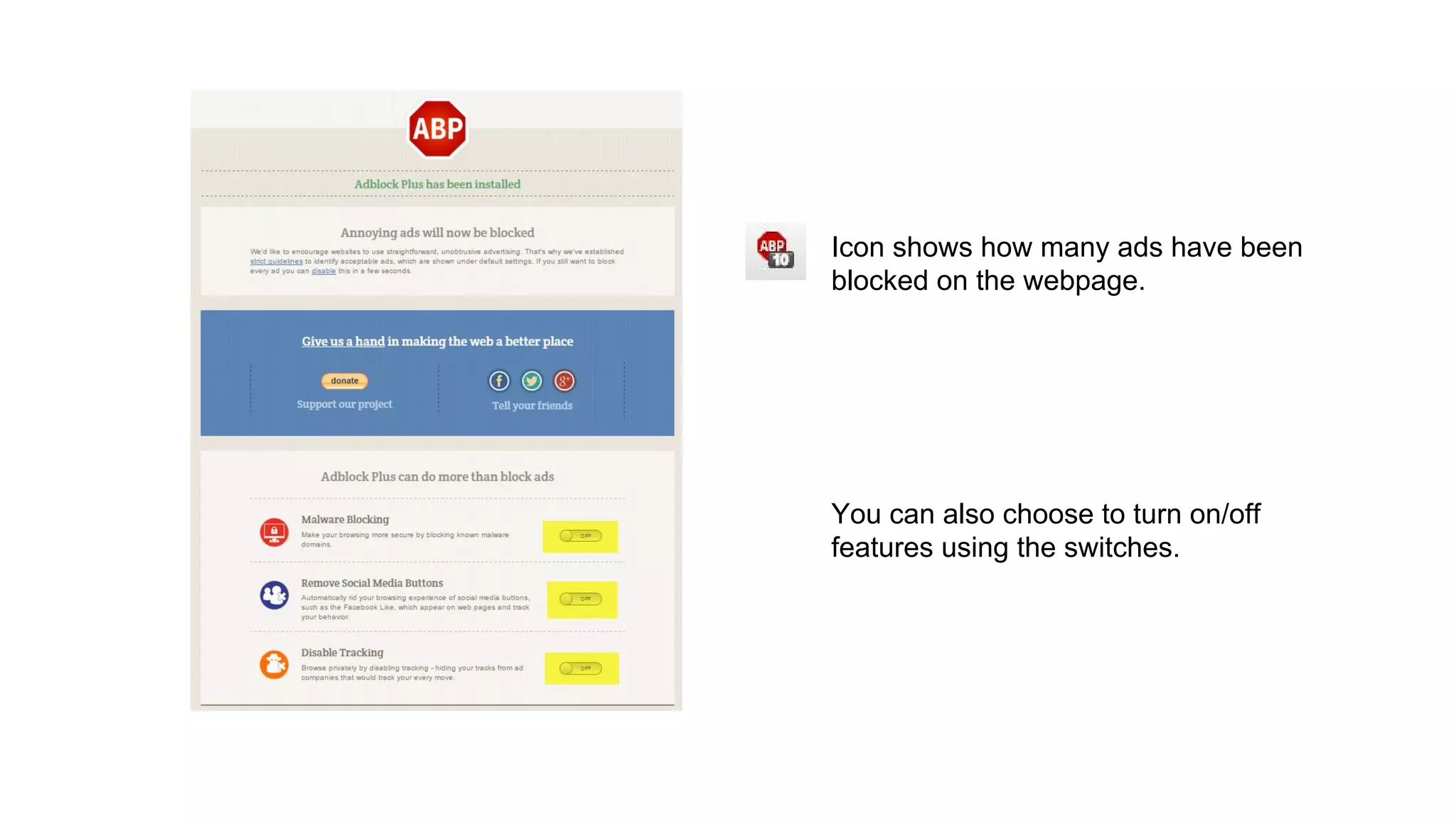 Icon shows how many ads have been
blocked on the webpage.
You can also choose to turn on/off
features using the switches.
 