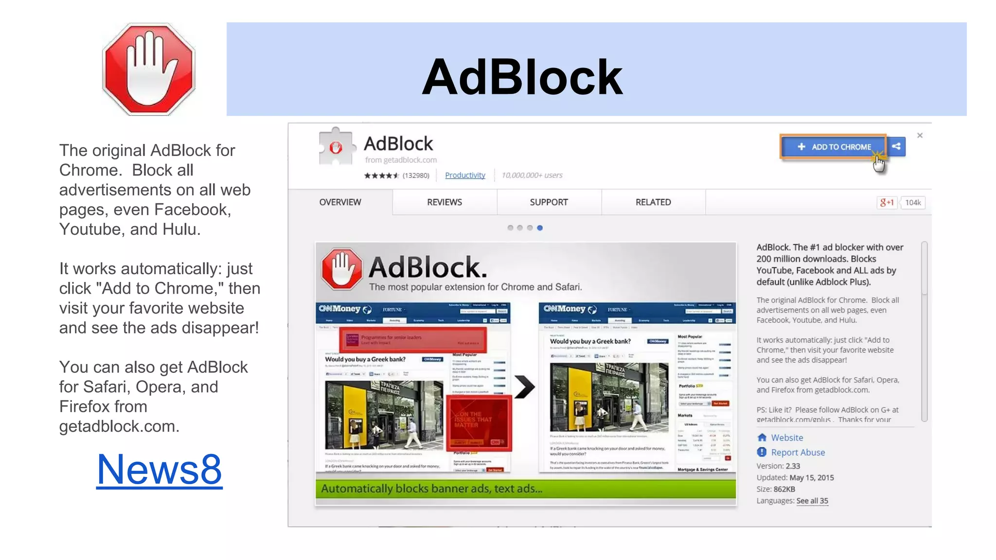 AdBlock
The original AdBlock for
Chrome. Block all
advertisements on all web
pages, even Facebook,
Youtube, and Hulu.
It works automatically: just
click "Add to Chrome," then
visit your favorite website
and see the ads disappear!
You can also get AdBlock
for Safari, Opera, and
Firefox from
getadblock.com.
News8
 