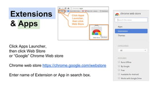 Click Apps Launcher,
then click Web Store
or “Google” Chrome Web store
Chrome web store https://chrome.google.com/webstore
Enter name of Extension or App in search box.
Extensions
& Apps
 