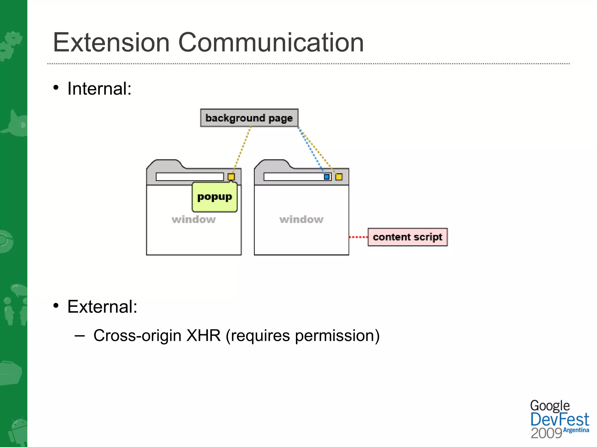 Extension Communication
• Internal:




• External:
   – Cross-origin XHR (requires permission)
 