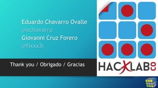 Thank you / Obrigado / Gracias
Eduardo Chavarro Ovalle
@echavarro
Giovanni Cruz Forero
@fixxx3r
 