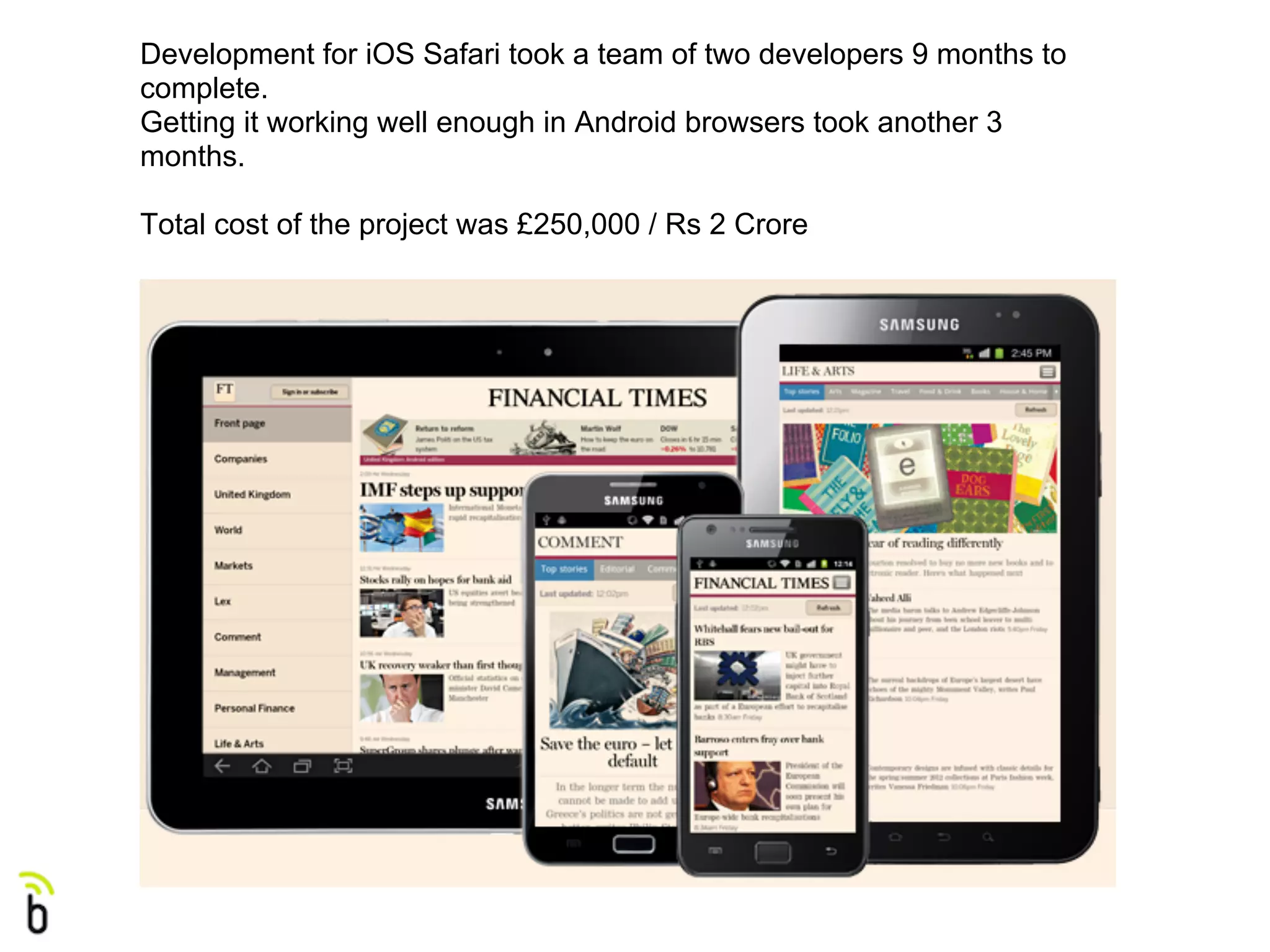 Development for iOS Safari took a team of two developers 9 months to
complete.
Getting it working well enough in Android browsers took another 3
months.

Total cost of the project was £250,000 / Rs 2 Crore
 