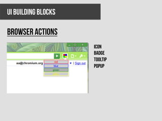 UI BUILDING BLOCKS

BROWSER ACTIONS
                     Icon
                     Badge
                     Tooltip
                     popup
 