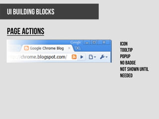 UI BUILDING BLOCKS

PAGE ACTIONS
                     Icon
                     Tooltip
                     Popup
                     No badge
                     Not shown until
                     needed
 