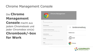 Chrome Management Console
Die Chrome
Management
Console macht aus
jedem Chromebook und
jeder Chromebox ein(e)
Chrombook/-box
for Work
 